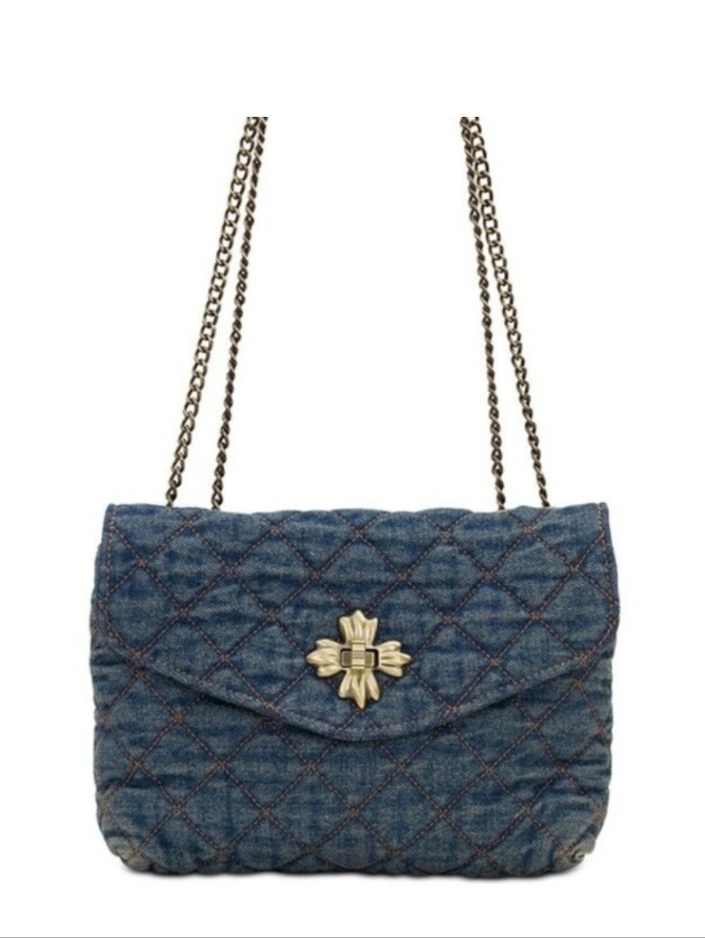 Patricia Nash Quilted Blue Denim Crossbody Bag with Chain Strap